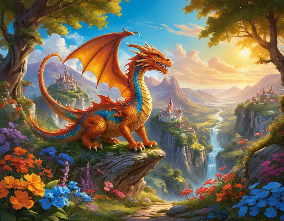 A whimsical landscape filled with colorful, friendly dragons frolicking in the sky above lush, vibrant hills dotted with flowers. Each dragon has unique bright patterns, embodying joy and playfulness, while small fantasy creatures peek from behind trees. A radiant sun casts a warm glow, highlighting the magical essence of their world. super-realistic. vibrant colors. enchanting scenery.