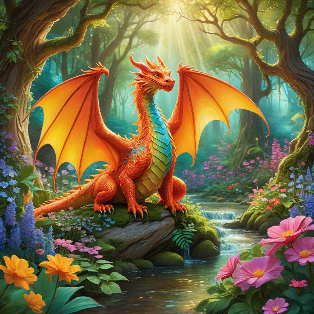 A whimsical scene featuring vibrant dragons with bright, cheerful colors, playfully interacting in a lush, enchanted forest filled with colorful flowers and sparkling streams. Each dragon sports unique, delightful designs, showcasing a variety of scales and intricate patterns. The atmosphere is joyful and magical, with soft rays of sunlight filtering through the trees, illuminating the playful creatures. Artistic style: vibrant colors, fantasy illustration, cartoonish.