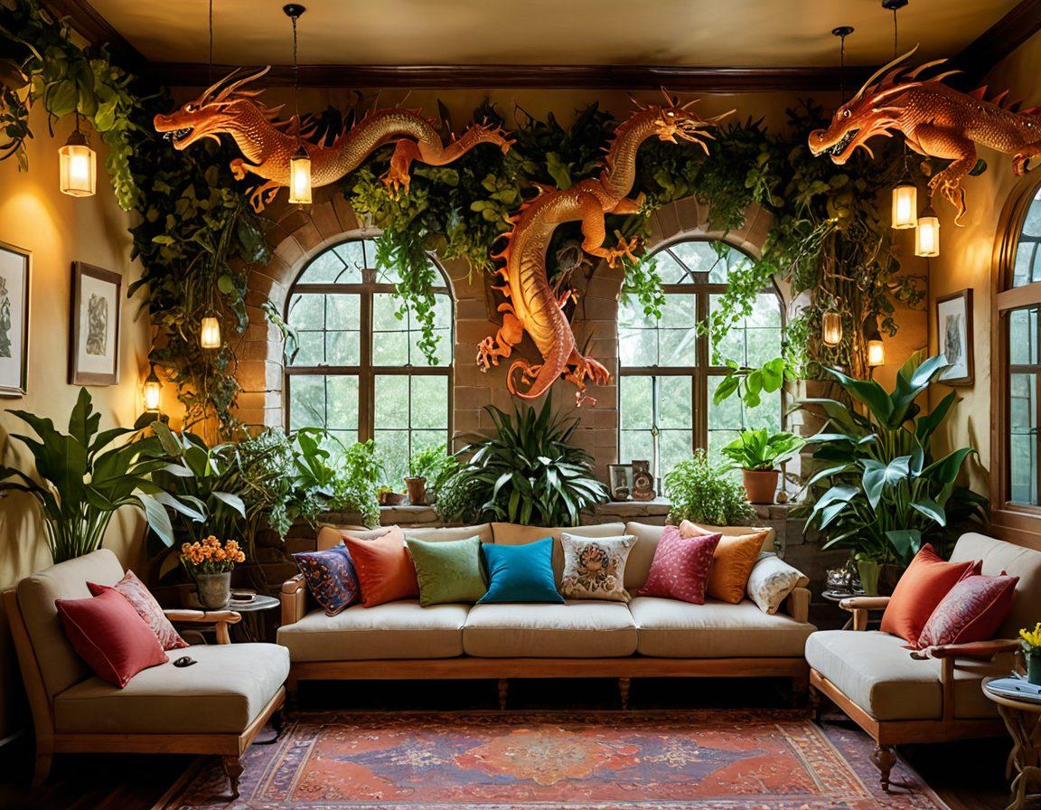 A whimsical room filled with vibrant dragon-themed decor, featuring colorful dragon murals on the walls, a cozy seating area with plush dragon-shaped pillows, and ethereal glowing fairy lights hanging from the ceiling. The atmosphere is lively and magical, inviting the essence of fantasy into the space. Include hints of greenery with potted plants to enhance the organic feel. super-realistic. vibrant colors. warm lighting.